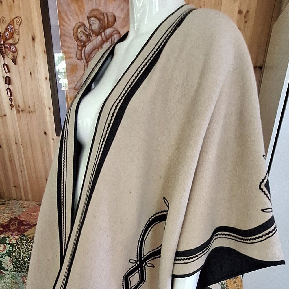One of a kind! Heavy wool wrap - black lining with embroidery & fringe.